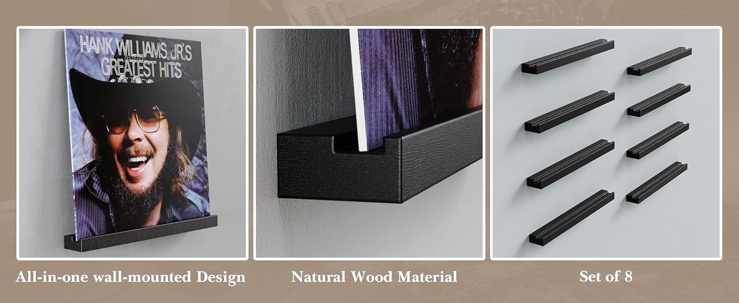 8-Pack Wood Vinyl Record Wall Shelves, 12-Inch LP Album Holder