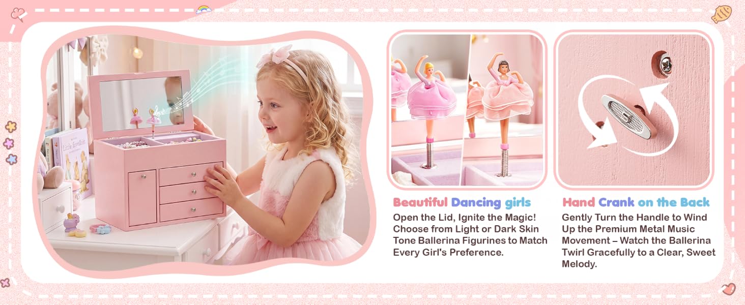 4-Layer Pink Ballerina Music Box, Solid Wood Girls Jewelry Organizer