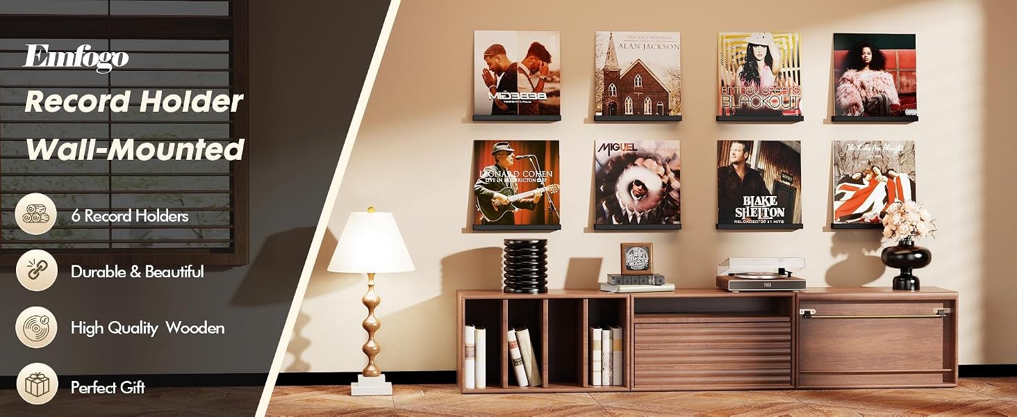 Vinyl Record Wall Shelf 6-Pack, Floating LP Album Holder in Solid Wood