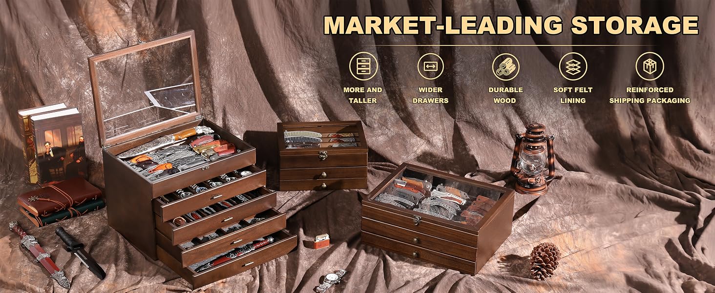 5-Tier Pocket Knife Organizer Case with Drawer & Clear Lid, Walnut
