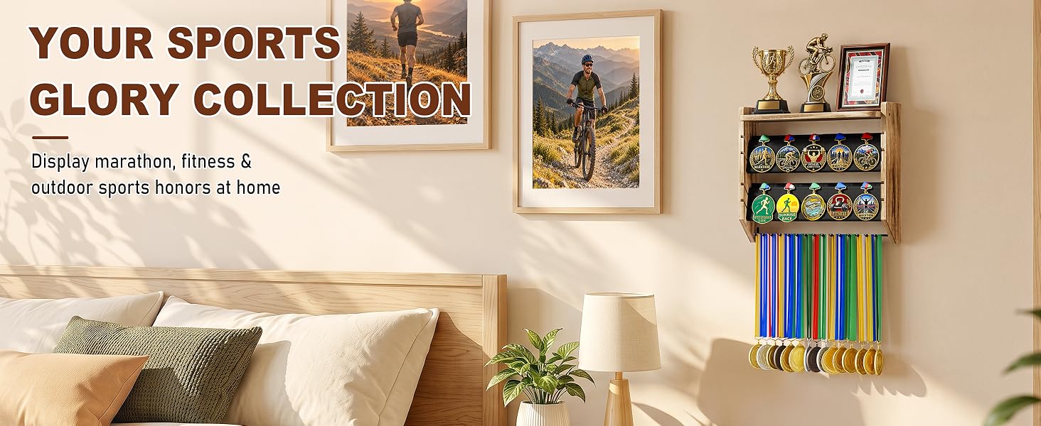 3-Tier Medal Hanger Display with Trophy Shelf, Wall-Mounted Wood