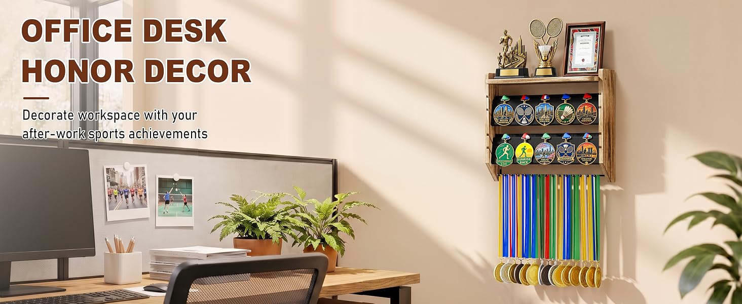 3-Tier Medal Hanger Display with Trophy Shelf, Wall-Mounted Wood