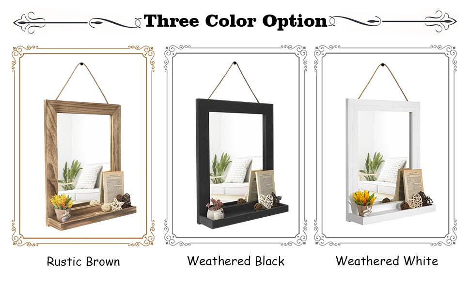 Farmhouse Bathroom Wall Mirror with Shelf, 20x16 Rustic Wood Frame