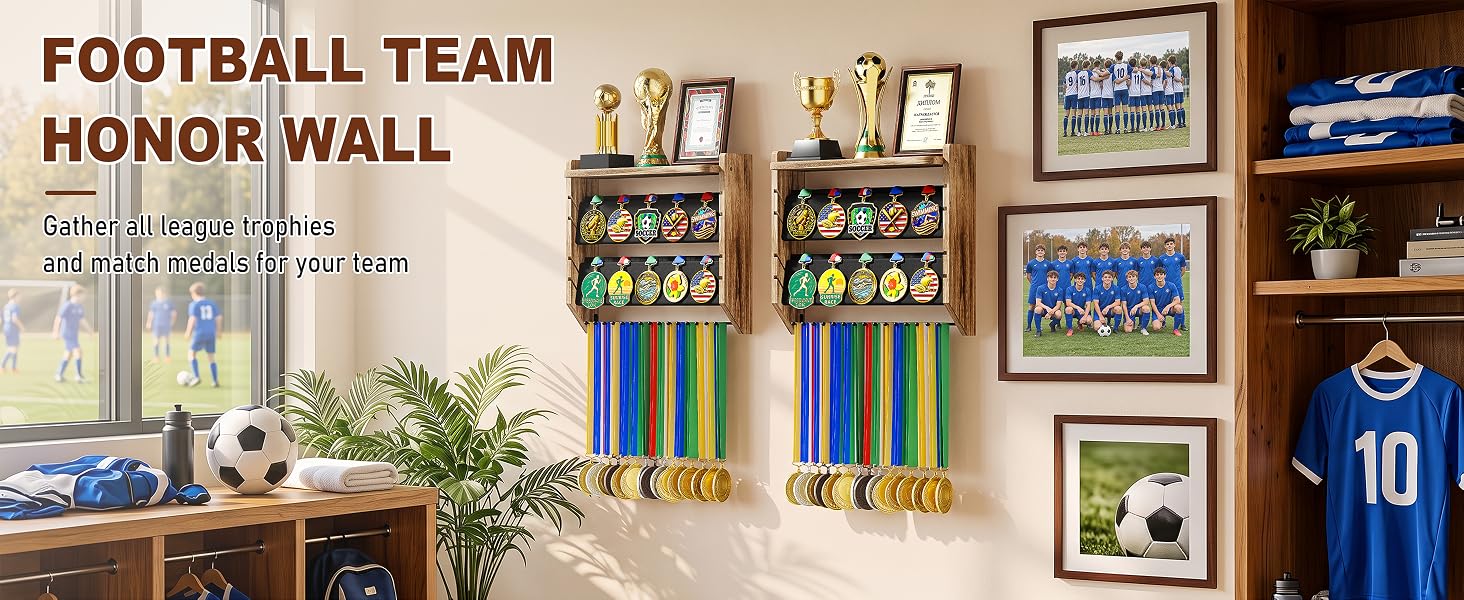 3-Tier Medal Hanger Display with Trophy Shelf, Wall-Mounted Wood