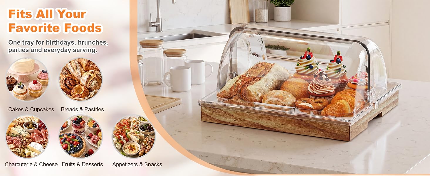 Acacia Wood Cake Stand with Hinged Clear Dome Lid