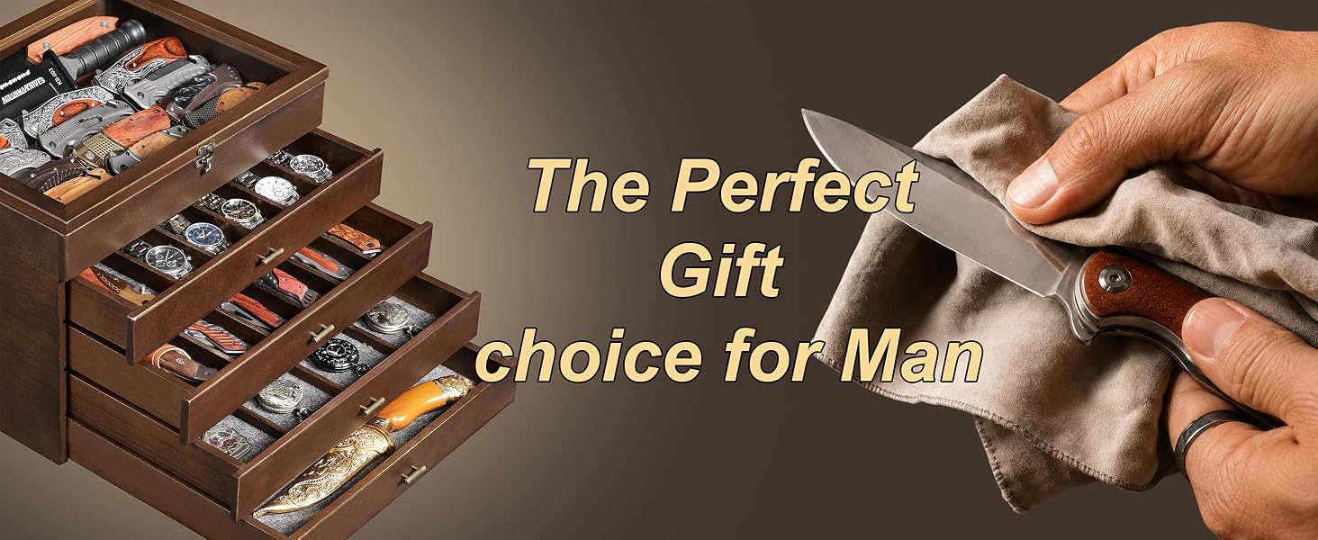 5-Tier Pocket Knife Organizer Case with Drawer & Clear Lid, Walnut