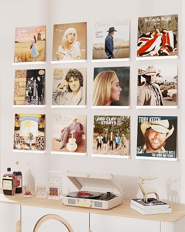 12-Pack Floating Record Shelves, Wall-Mounted Vinyl Album Display