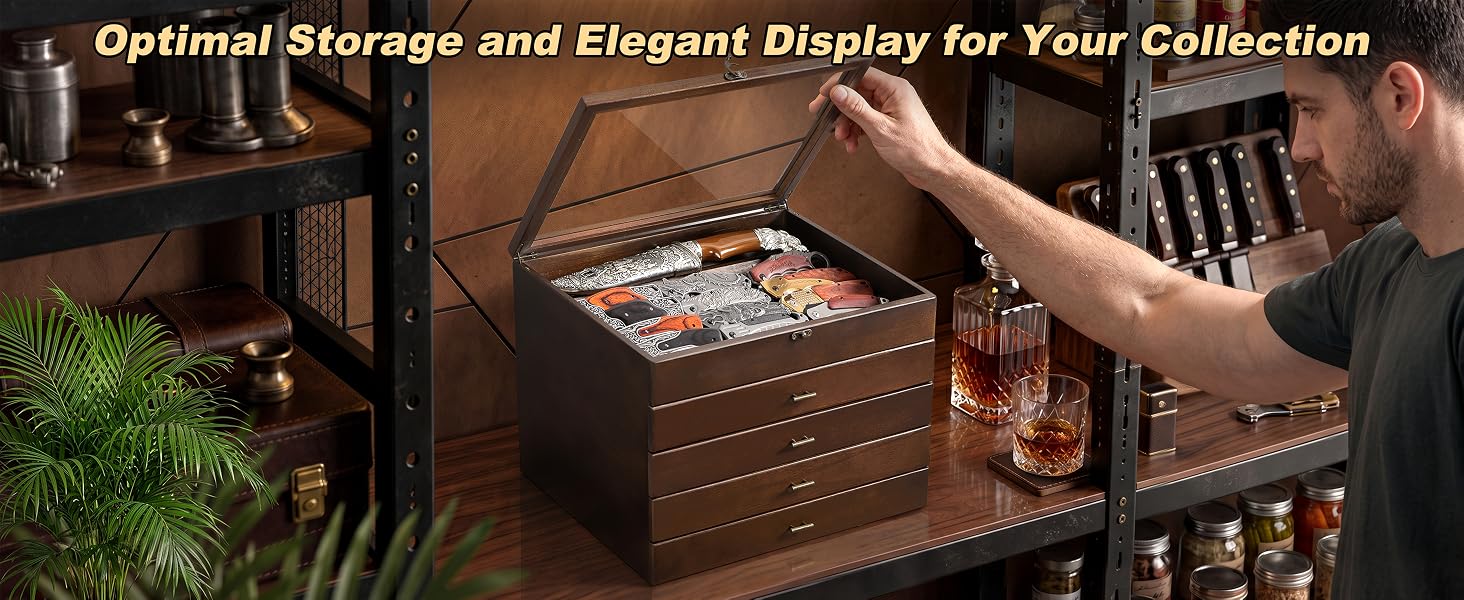 5-Tier Pocket Knife Organizer Case with Drawer & Clear Lid, Walnut