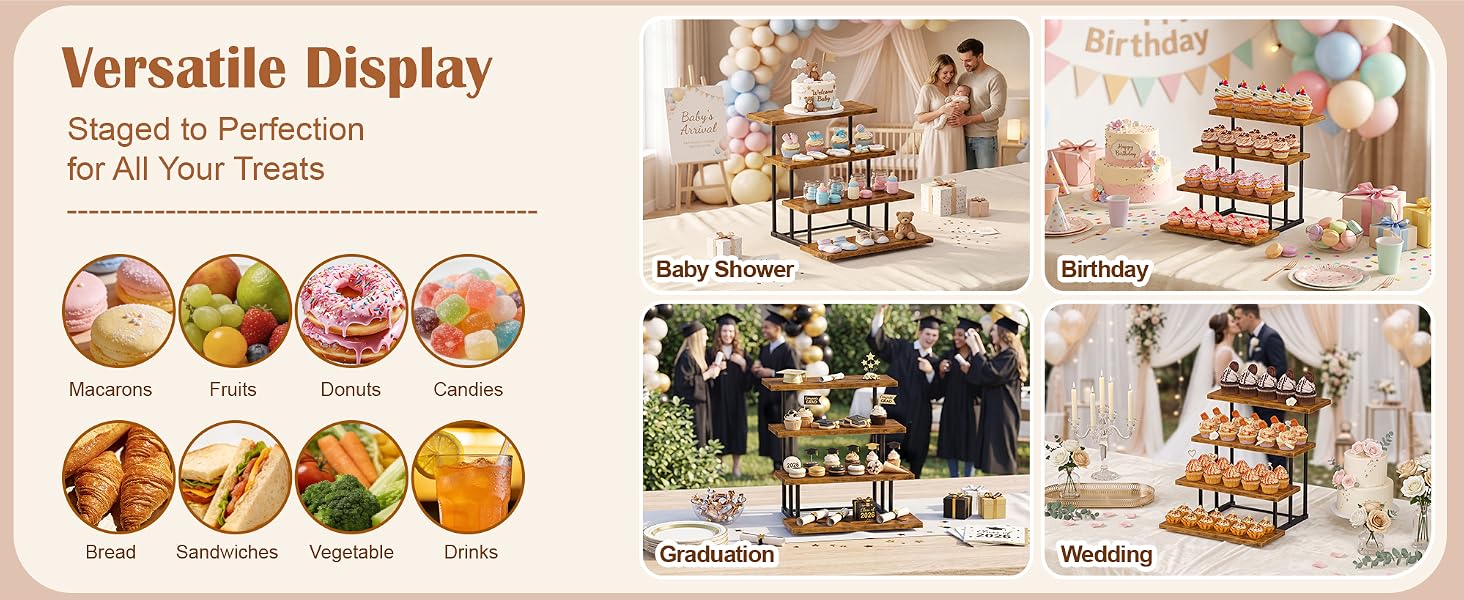 Display a variety of desserts and foods