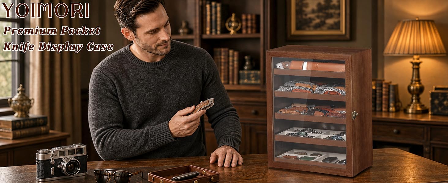 5-Tier Walnut Pocket Knife Display Cabinet