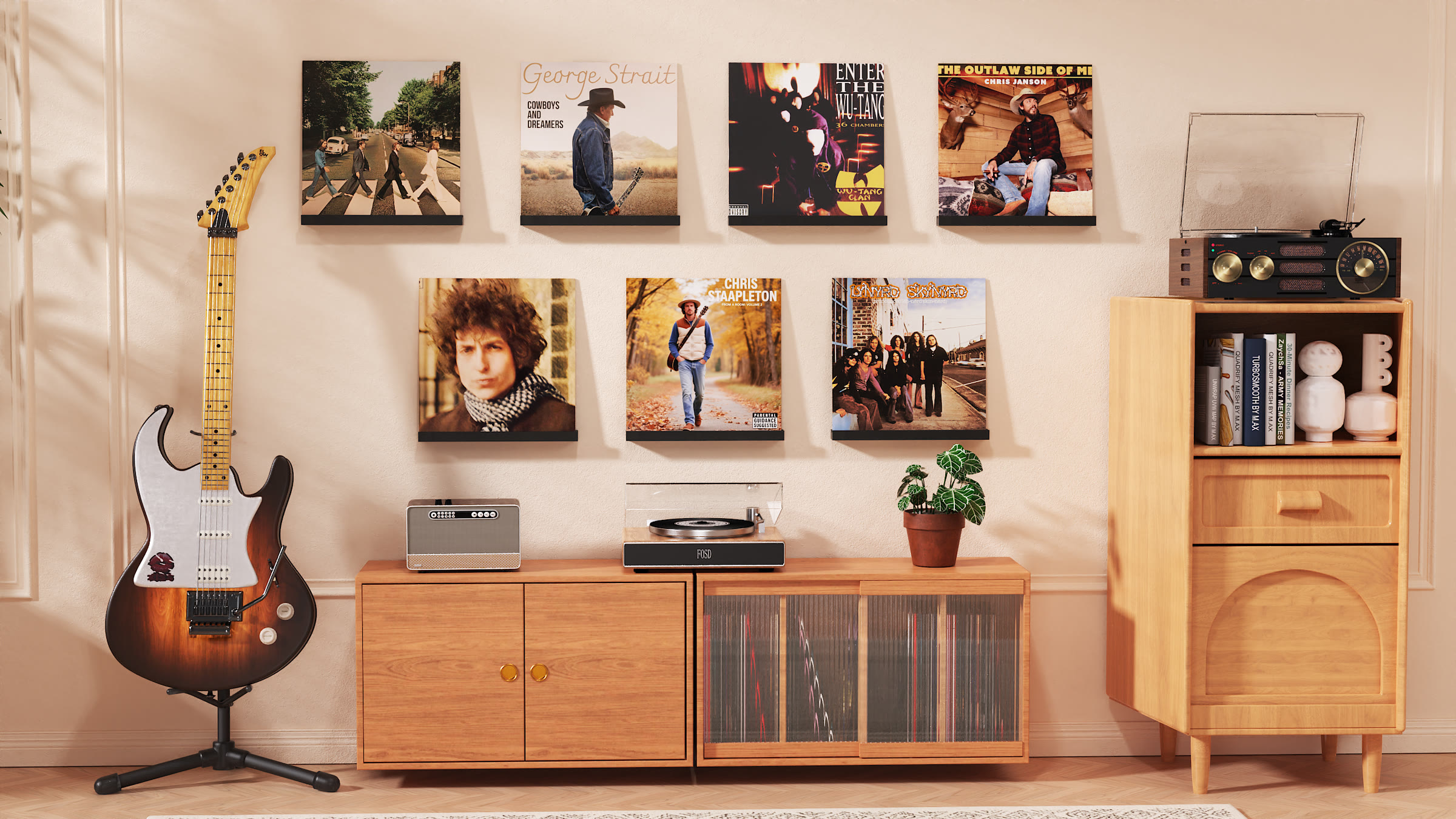 Emfogo vinyl record frames and wooden storage cabinet in a living room