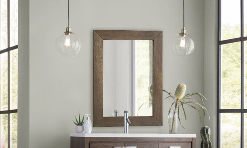Emfogo wooden wall mirror above a bathroom vanity
