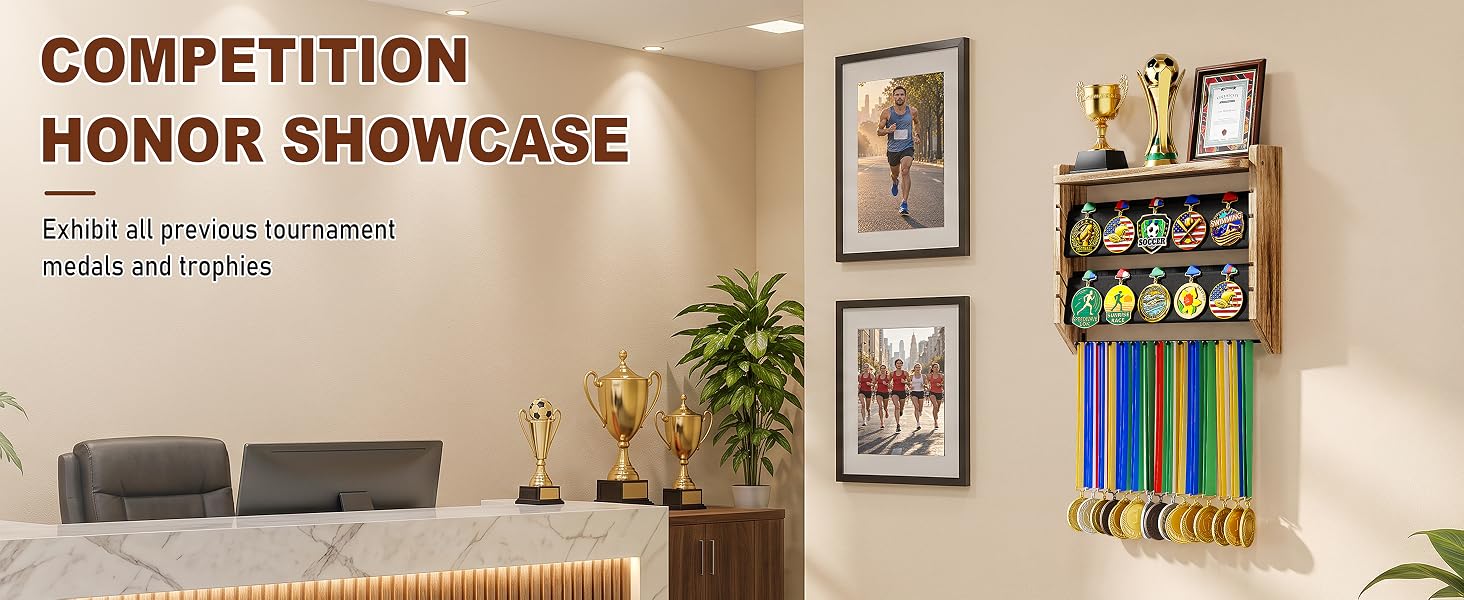 3-Tier Medal Hanger Display with Trophy Shelf, Wall-Mounted Wood