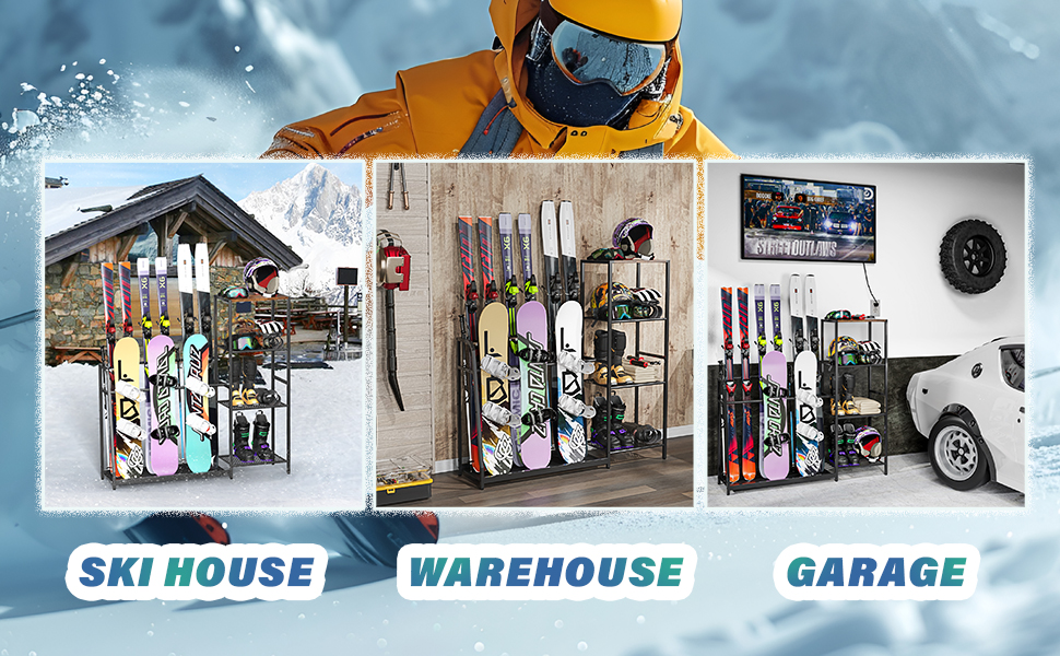 Freestanding Ski & Snowboard Rack for Garage, 4 Pair Storage