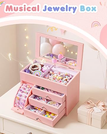 4-Layer Pink Ballerina Music Box, Solid Wood Girls Jewelry Organizer