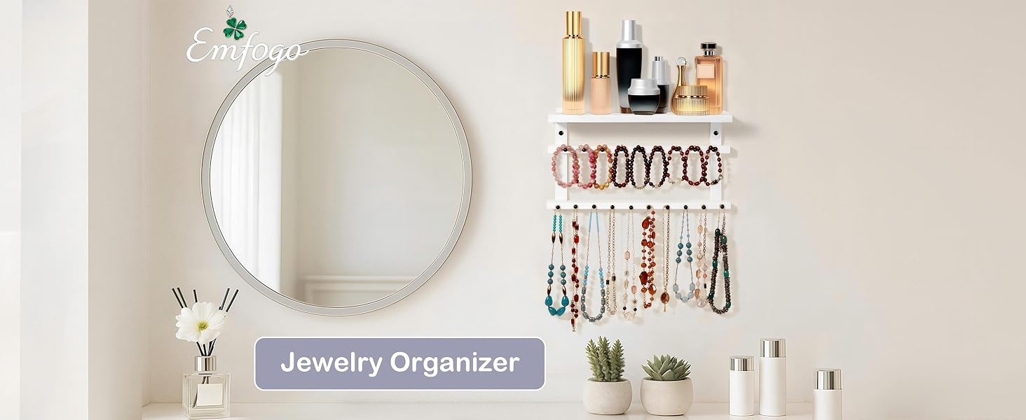 Wall-Mounted Necklace Holder with 19 Hooks, Bracelet Bar & Tray