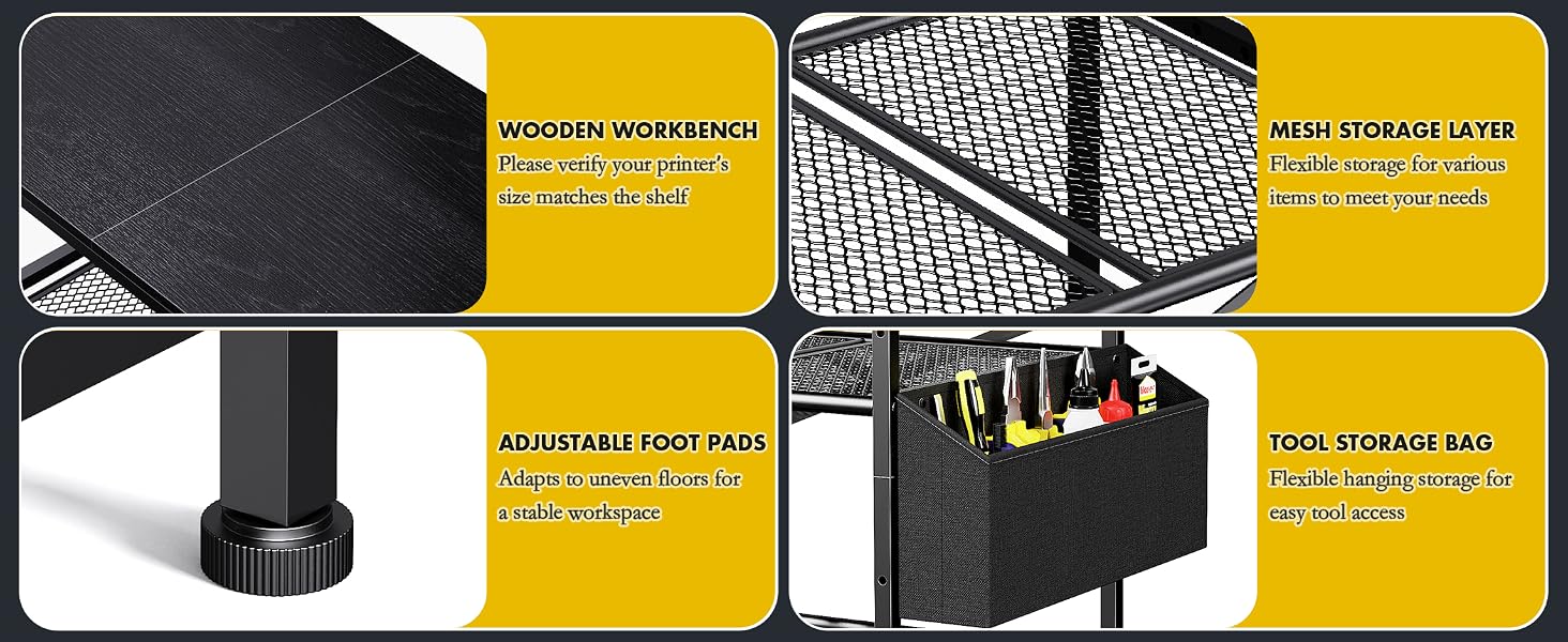 3-Tier 3D Printer Stand with Filament Rack & Tool Bag